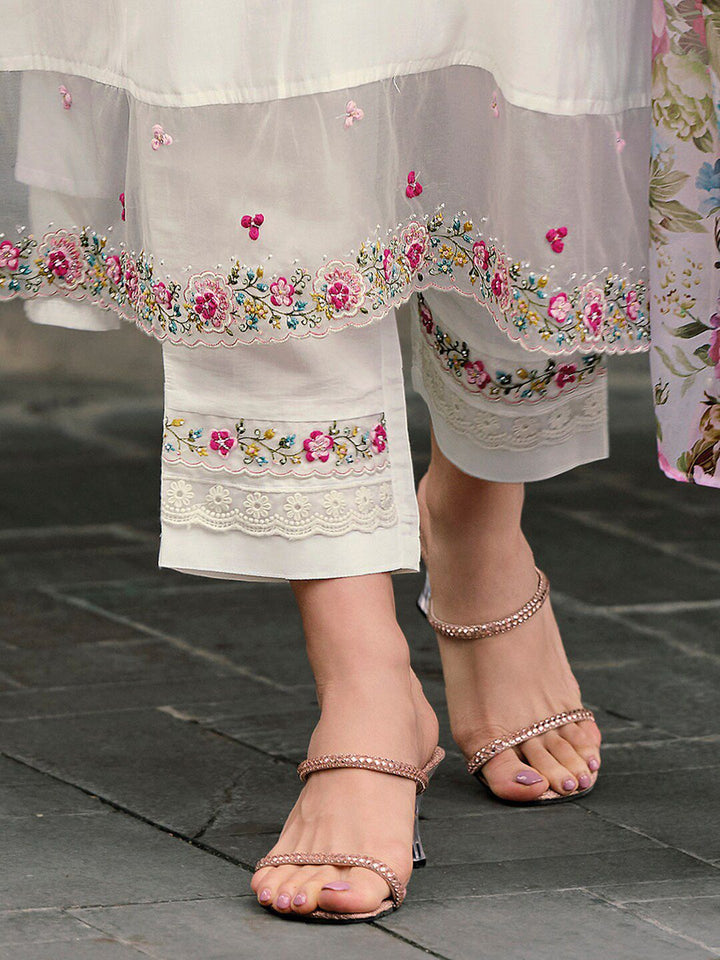 Indo Era Floral Embroidered Thread Work A-Line Kurta With Trousers & Dupatta