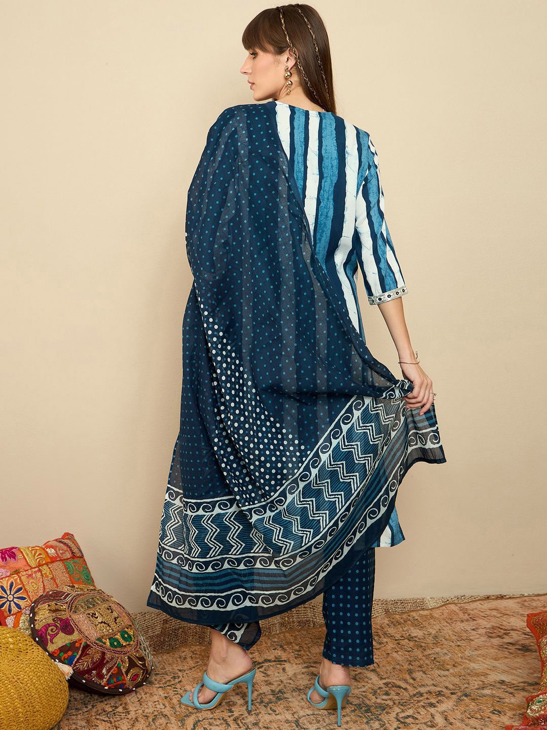 Indo Era Striped Sequinned Straight Kurta With Trousers & Dupatta