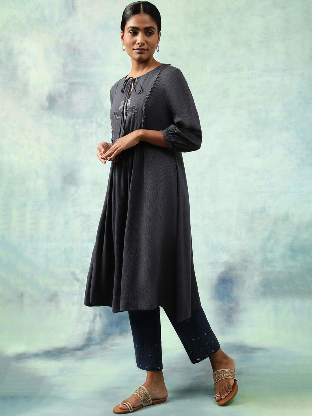 W The Folksong Collection Striped Tie-Up Neck Thread Work A-Line Kurta