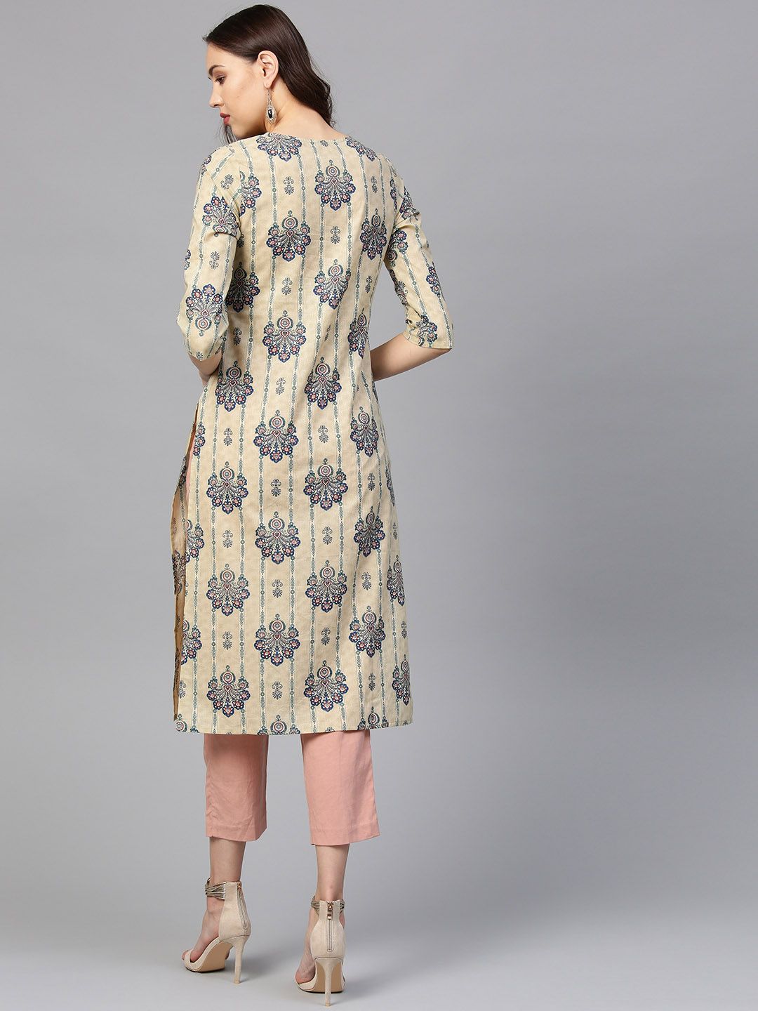SOJANYA Women Beige & Green Printed Straight Kurta