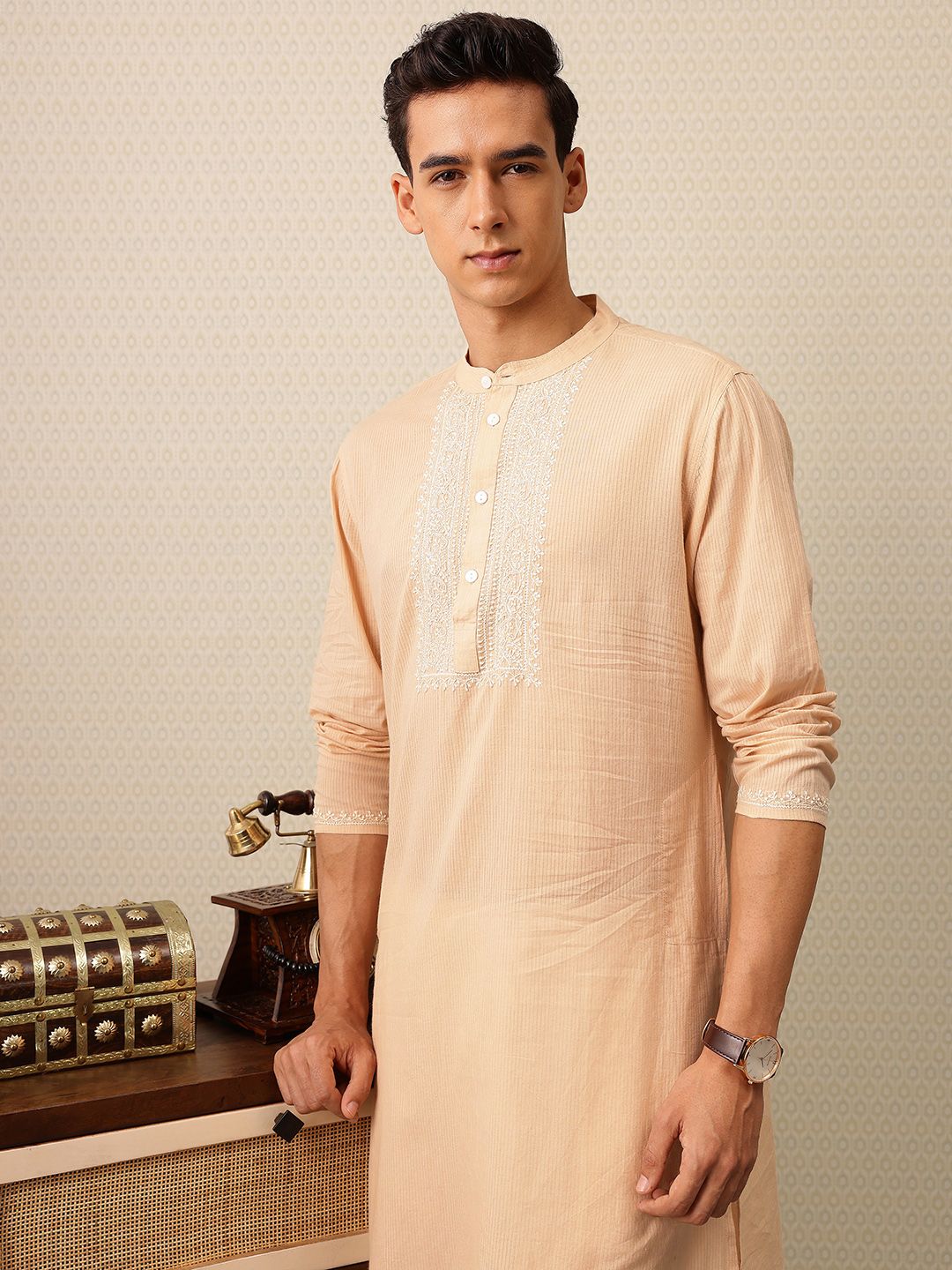 House of Pataudi Striped & Embroidered Jashn Kurta