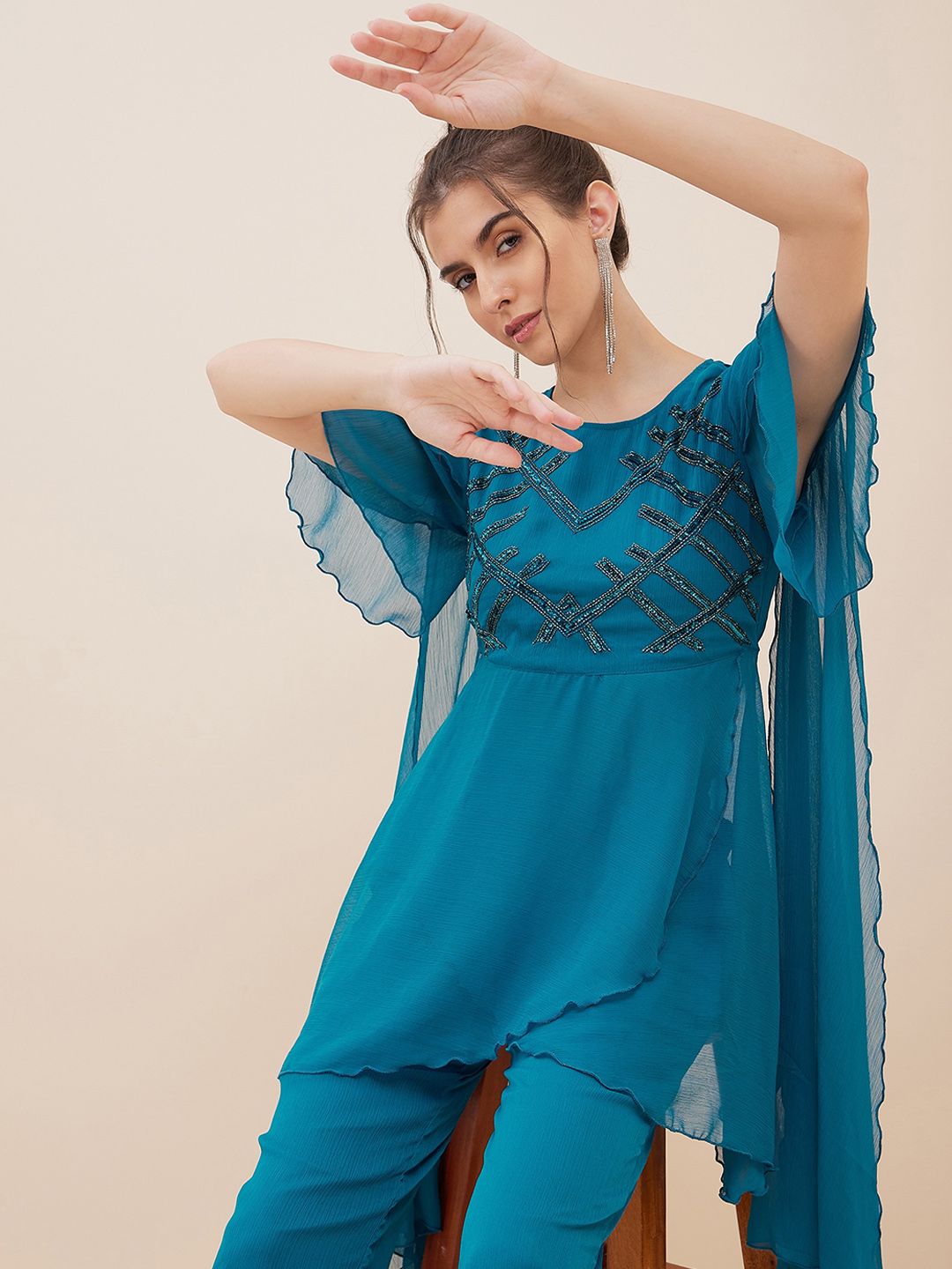 Antheaa Embellished Flared Sleeves Beads & Stones Empire Kurti With Trousers