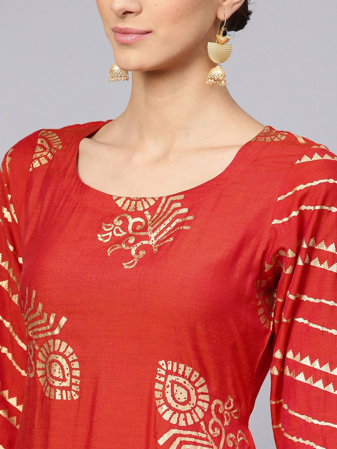 Libas Women Red & Golden Printed Kurta with Palazzos