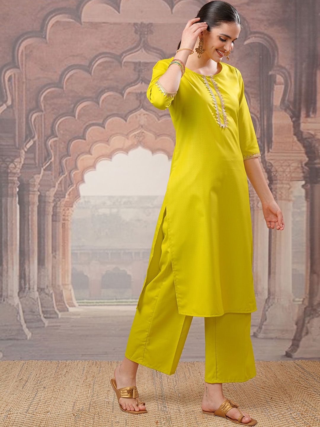 Vishudh Lime Green Gotta Patti Straight Kurta with Palazzo & Dupatta