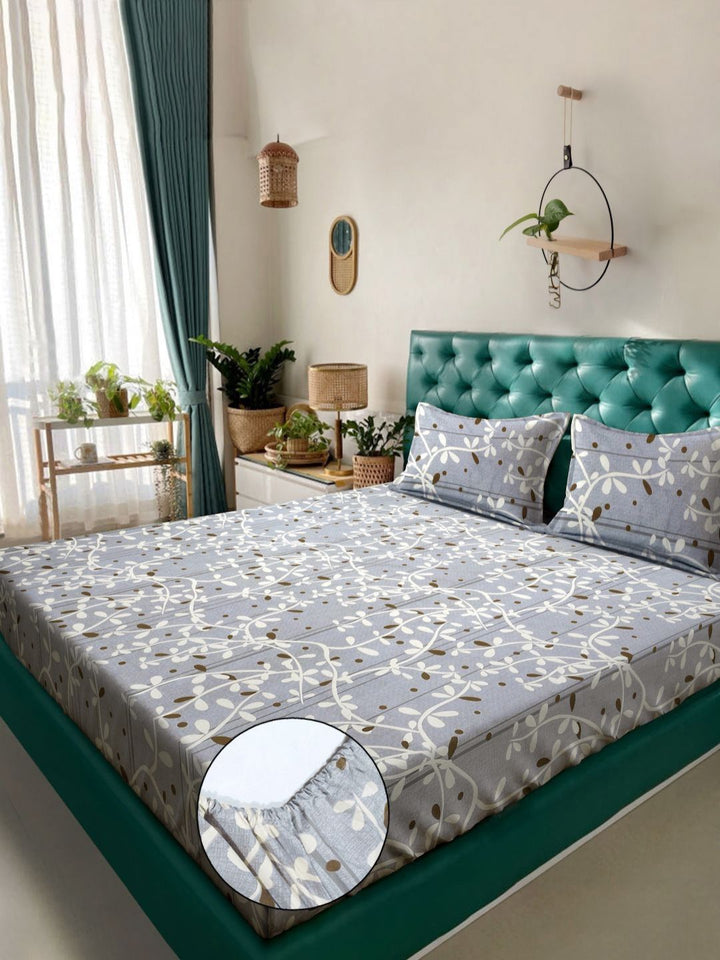 KLOTTHE Grey Floral Printed Dilengkapi 300 TC Double King Cadar Dengan 2 Sarung Bantal