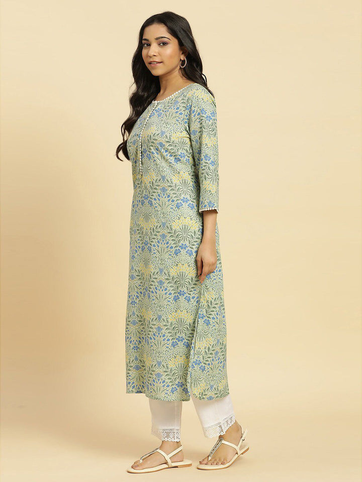 W Green Floral Printed Keyhole Neck Gotta Patti Cotton A-Line Kurta