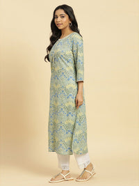 W Green Floral Printed Keyhole Neck Gotta Patti Cotton A-Line Kurta