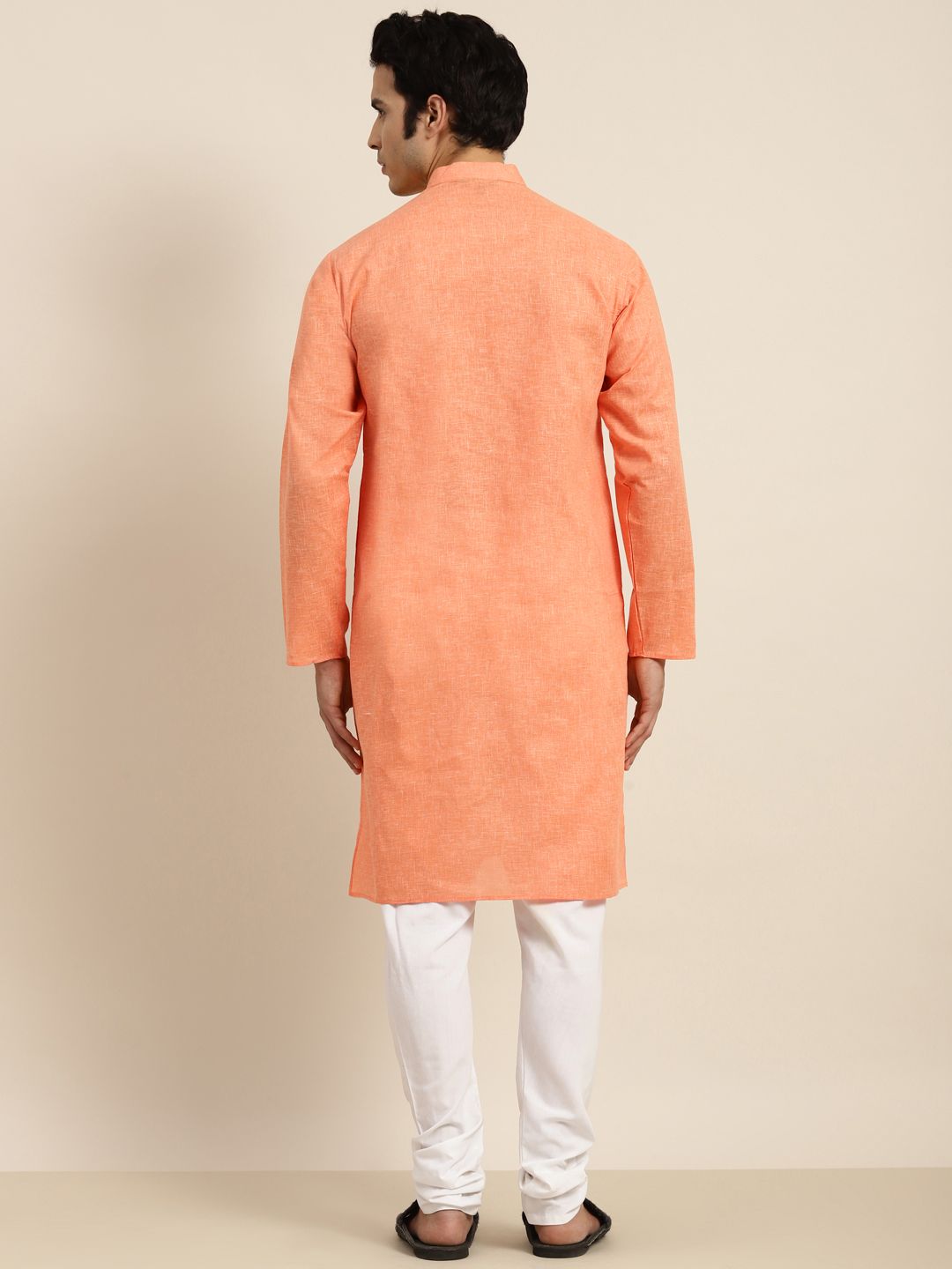 Anug by SOJANYA Men Orange Dobby Band Collar Kurta