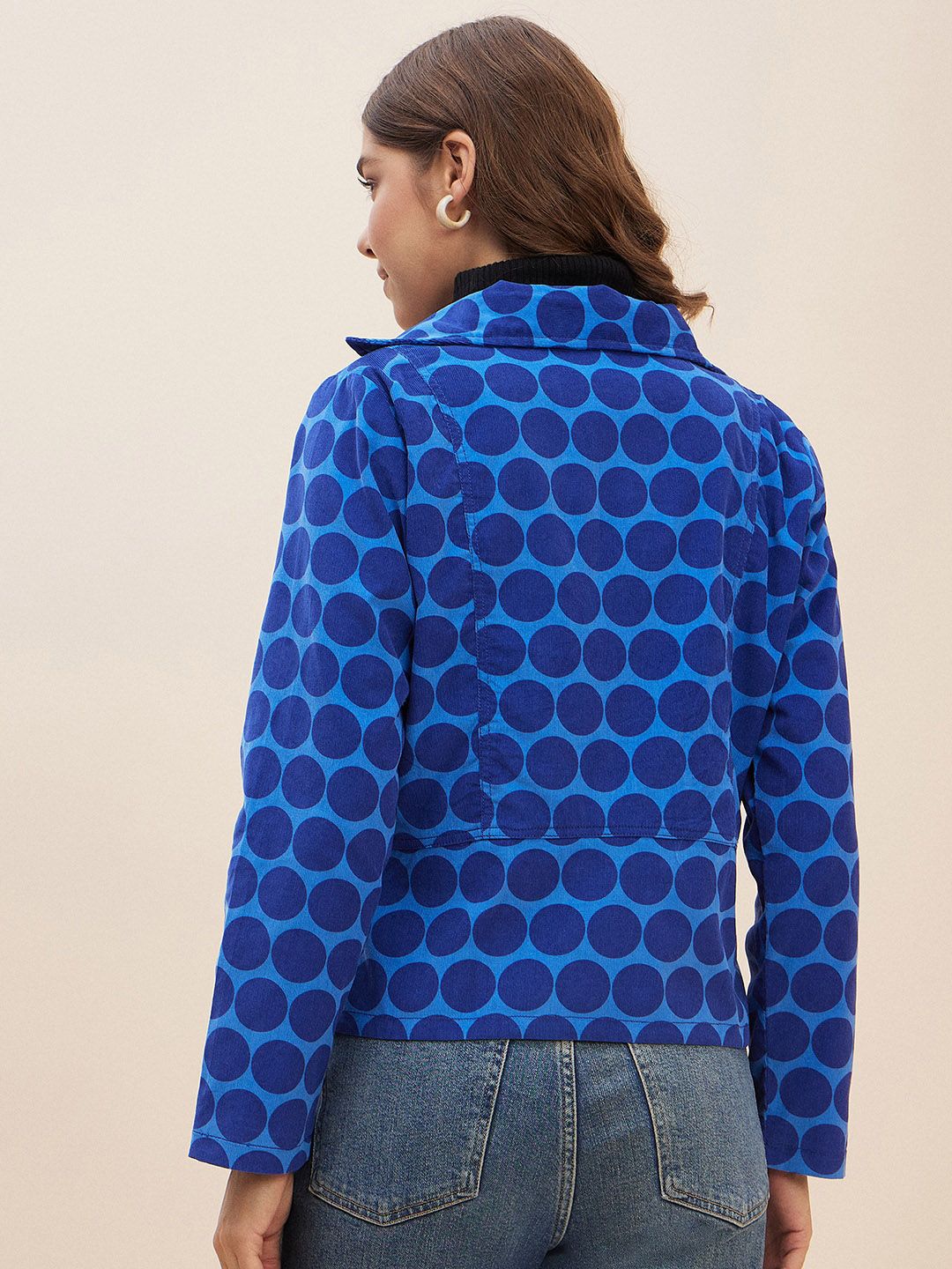Antheaa Women Blue Geometric Corduroy Crop Tailored Jacket