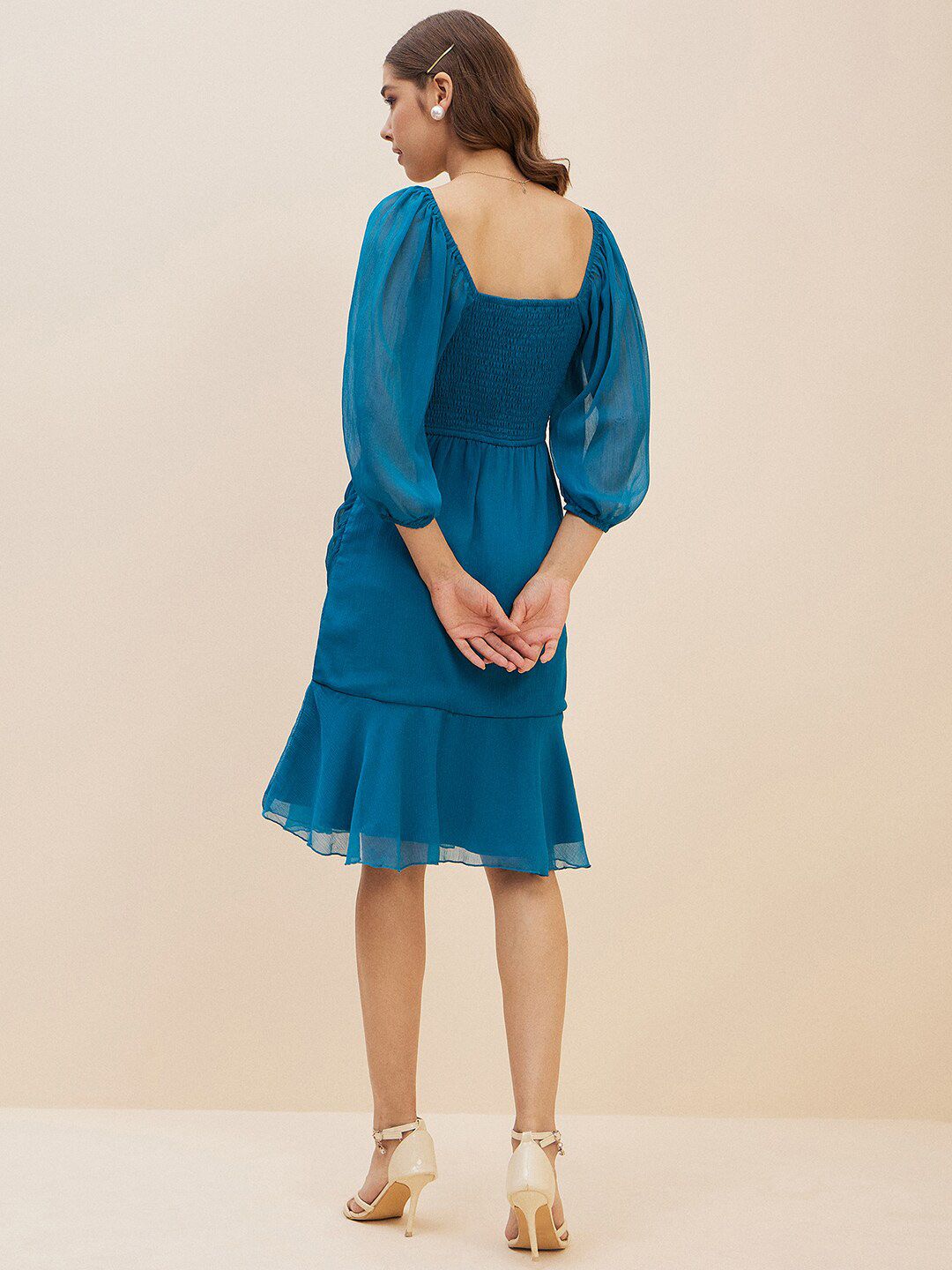 Antheaa Teal Puff Sleeve Chiffon A-Line Dress