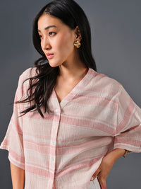 AND Verical Striped V-Neck Drop-Shoulder Sleeves Shirt Style Top