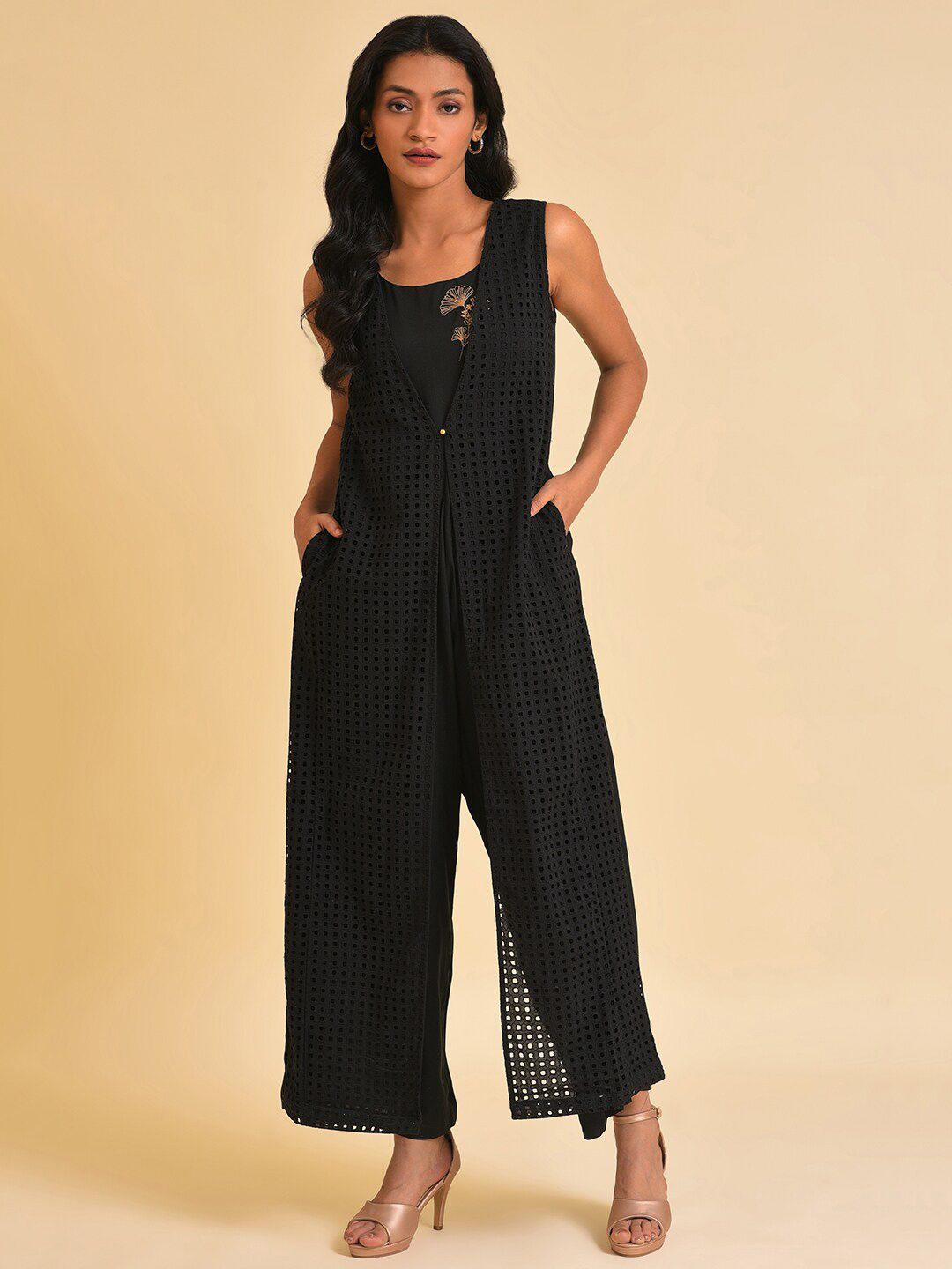 W Black schiffli Pure Cotton Basic Jumpsuit