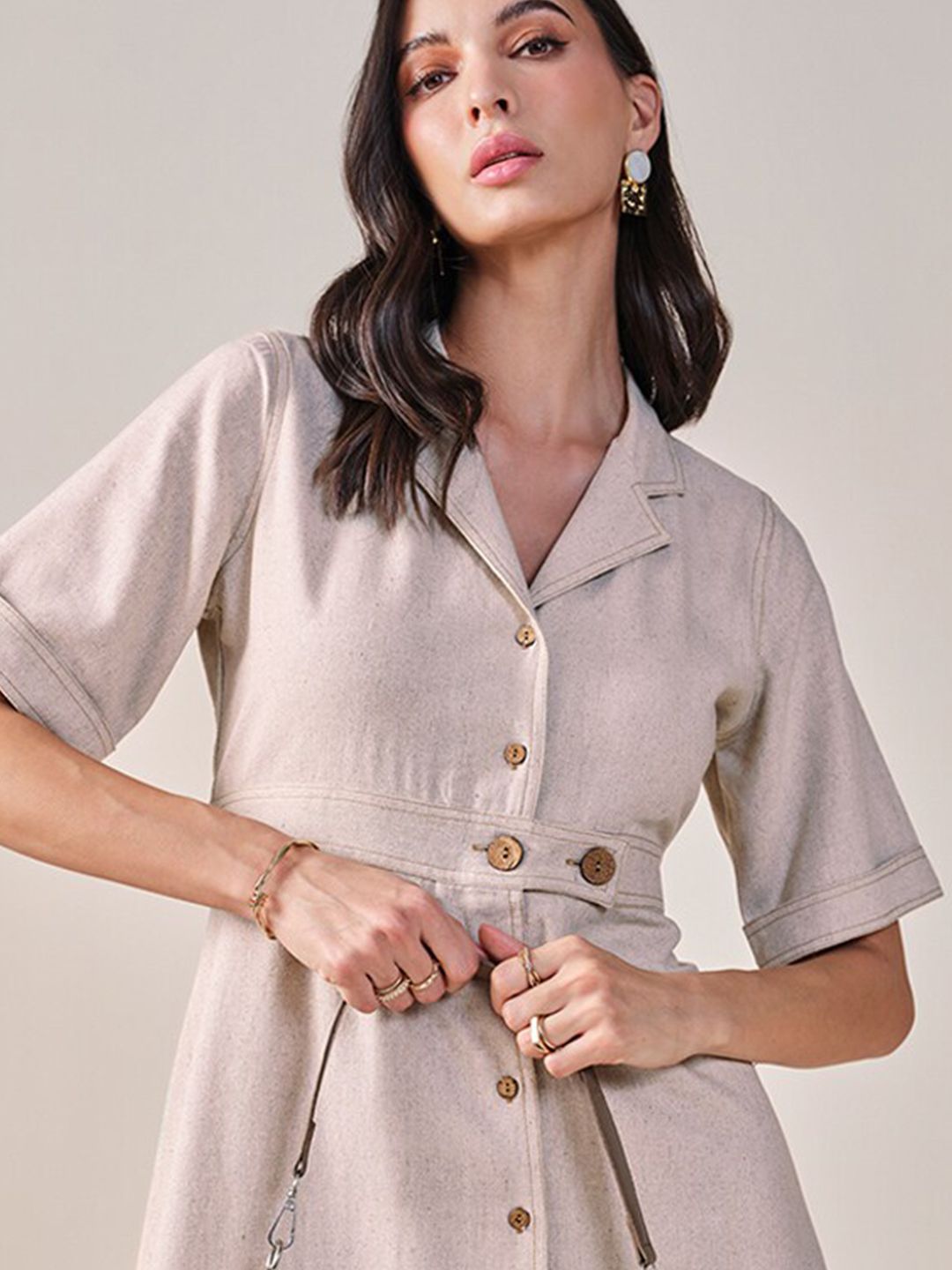 AND Lapel Collar Short Sleeves Shirt Midi Dress