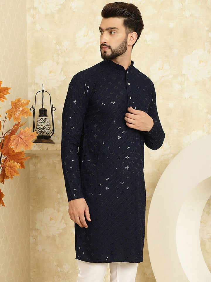 SOJANYA Embroidered Sequinned Mandarin Collar Pure Cotton Kurta