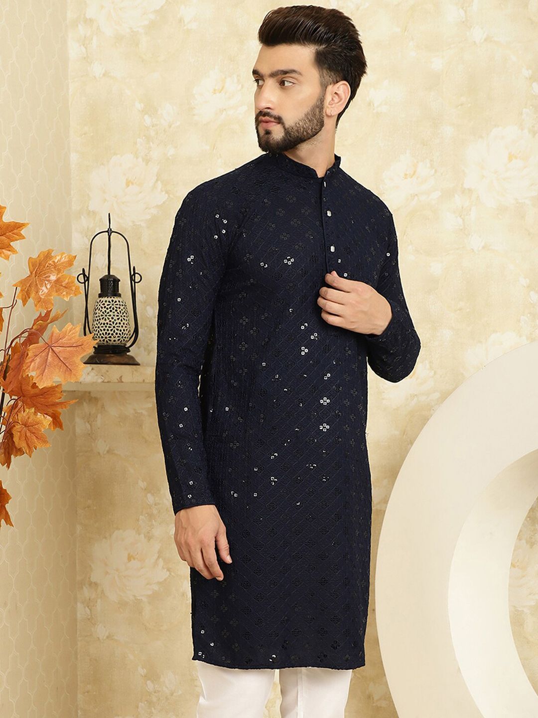 SOJANYA Embroidered Sequinned Mandarin Collar Pure Cotton Kurta