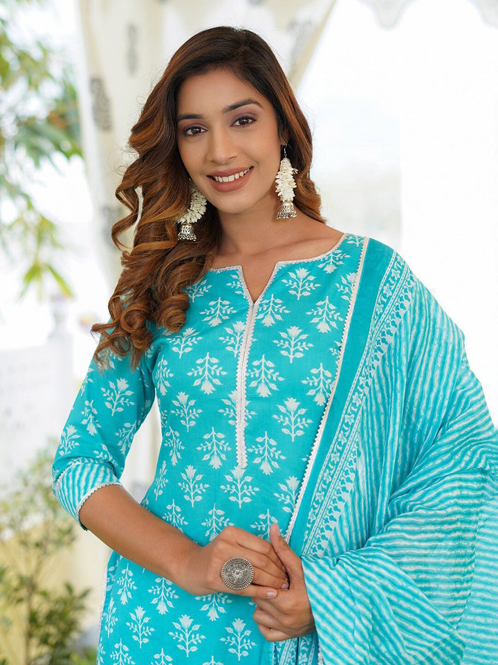 Kalini Floral Printed Lace Detail Kurta Kapas Murni Dengan Seluar & Dupatta