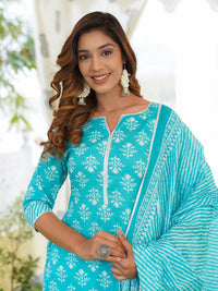 Kalini Floral Printed Lace Detail Kurta Kapas Murni Dengan Seluar & Dupatta