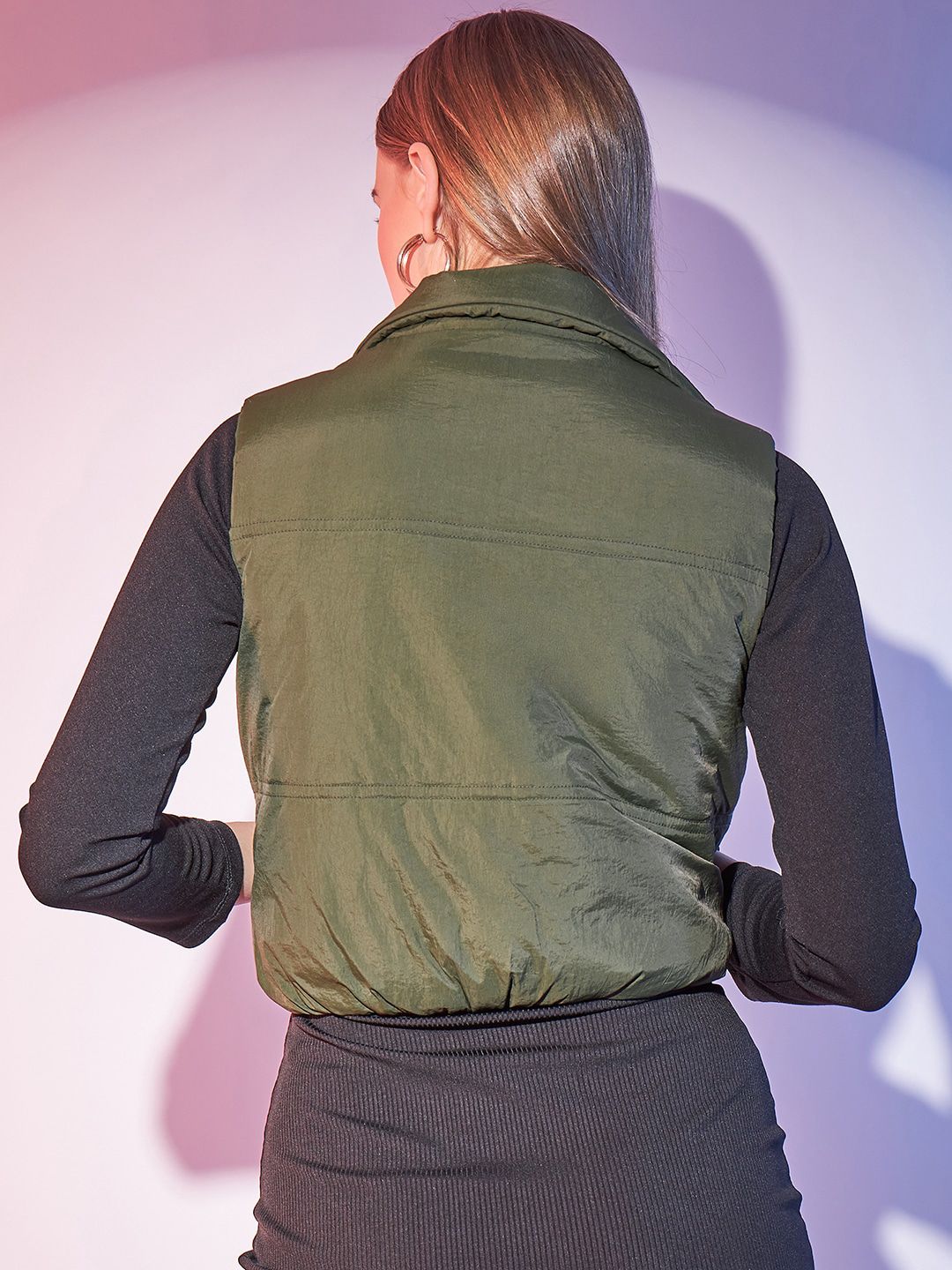 STREET 9 Olive Green Stand Collar Sleeveless Lightweight Crop Bomber Jacket