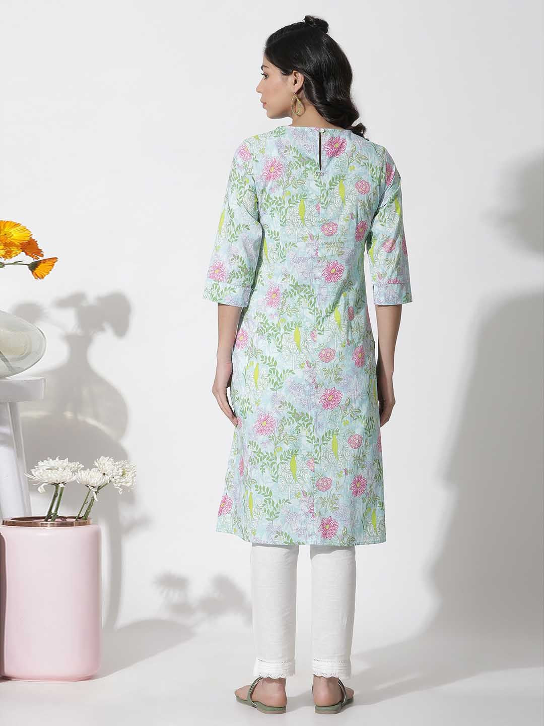 W Blue Floral Printed Cotton Straight Kurta
