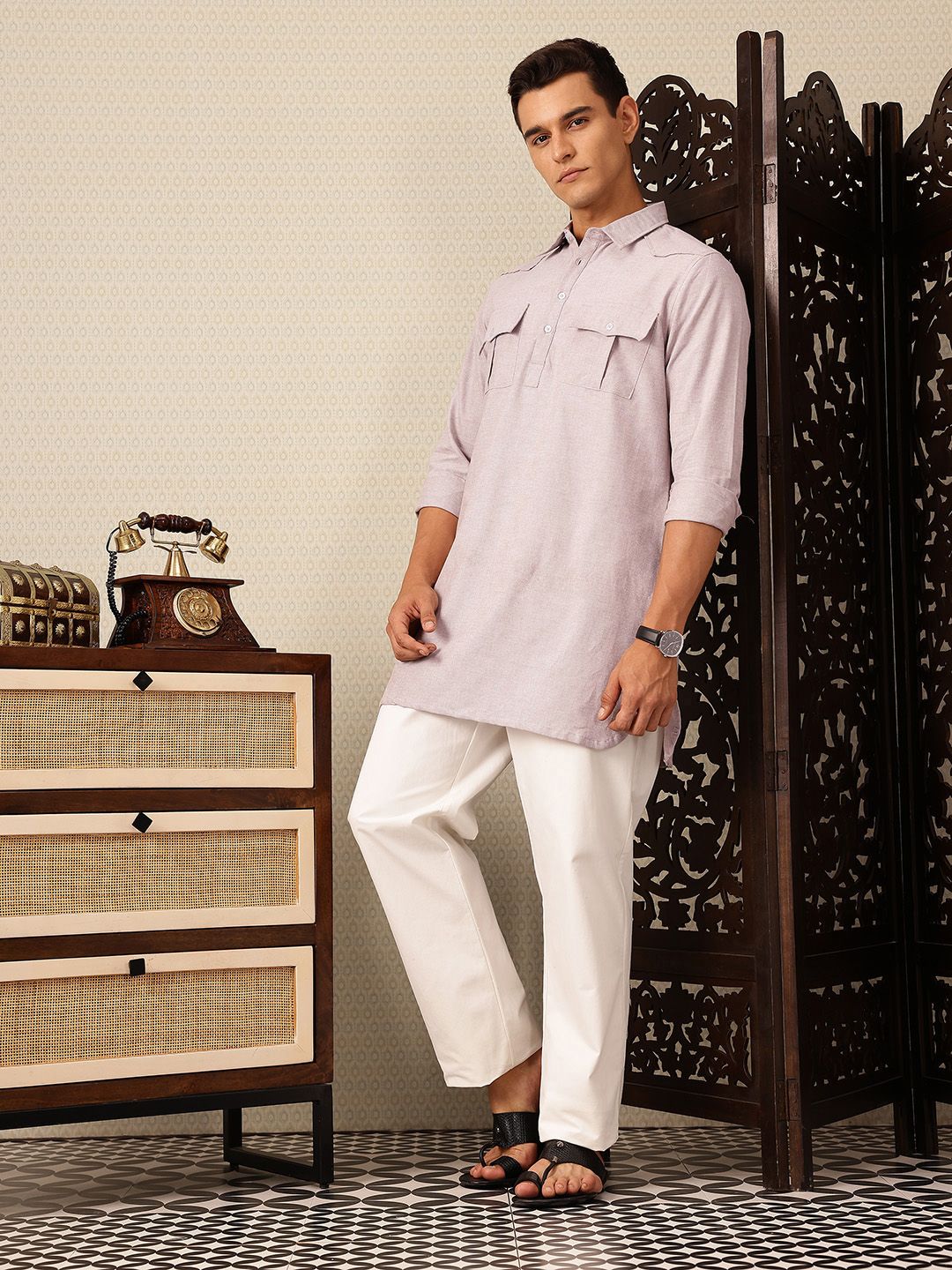 House of Pataudi Shirt Collar Pocket Detailing Rozana Kurta
