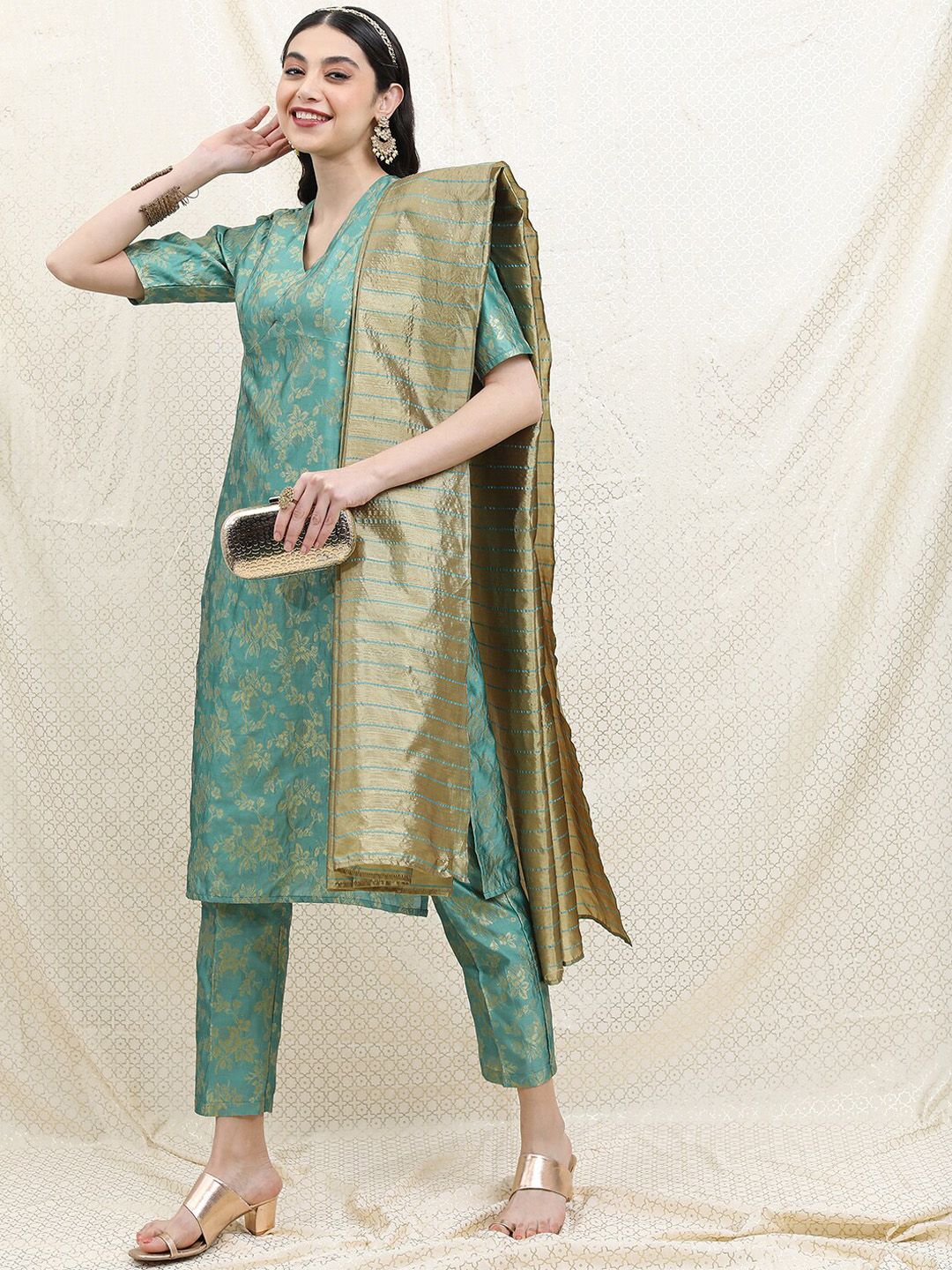 Vishudh Women Poly Brocade Kurta with Trousers & Dupatta