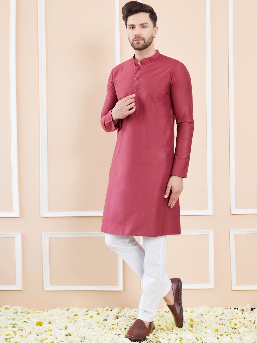 See Designs Mandarin Collar Long Sleeves Pure Cotton Straight Kurta With Pyjamas