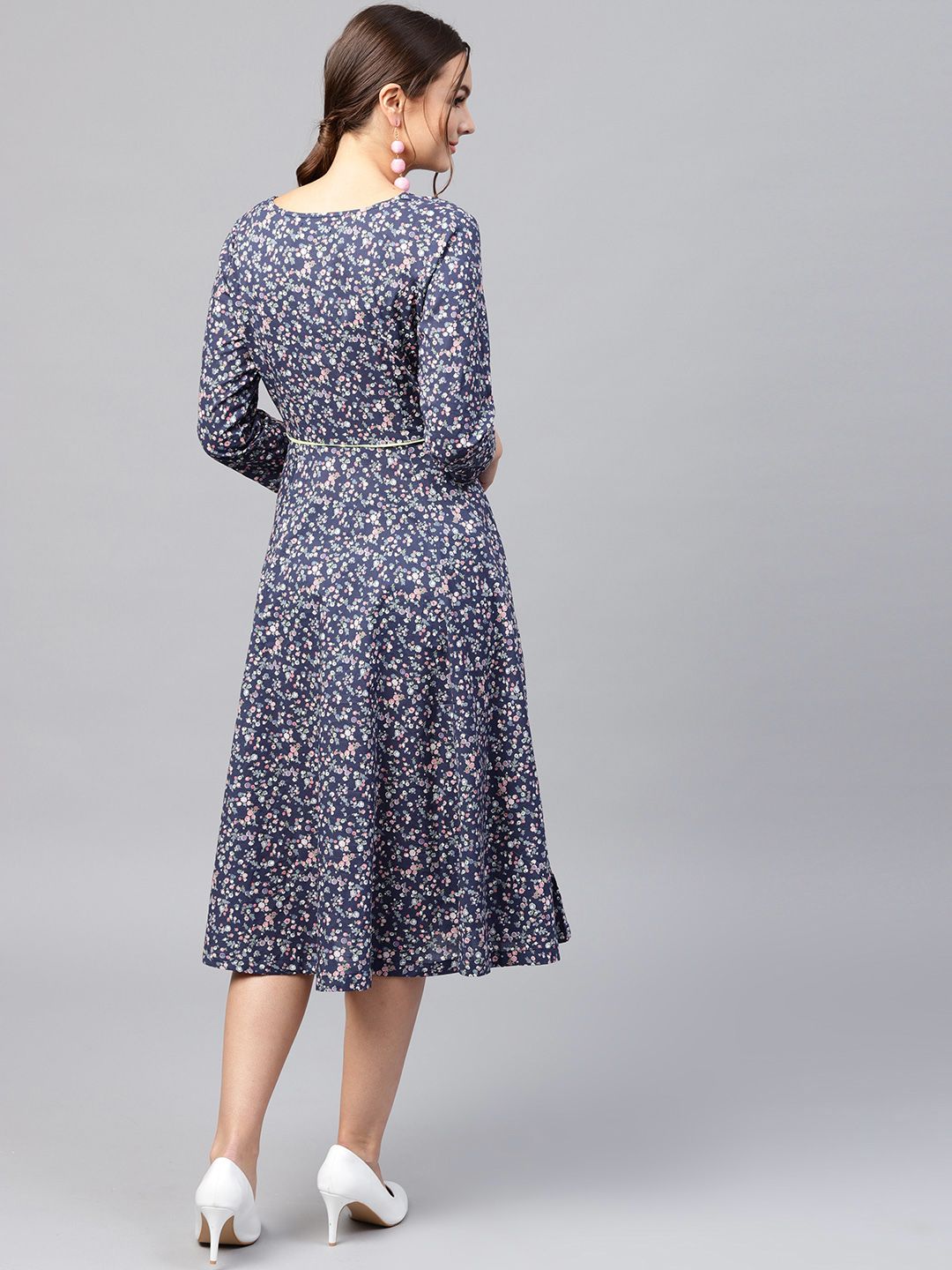 SASSAFRAS Navy Blue & Pink Floral Printed Cotton Fit and Flare Dress