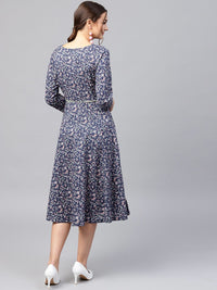 SASSAFRAS Navy Blue & Pink Floral Printed Cotton Fit and Flare Dress