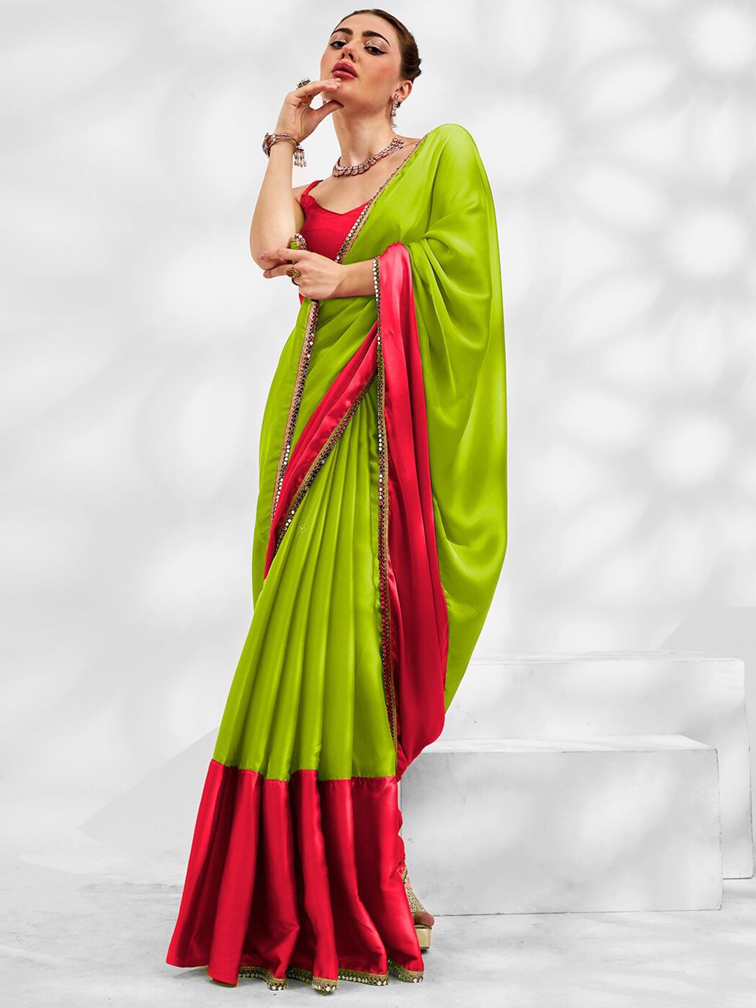 Mitera Colourblocked Mirror Work Pure Georgette Saree