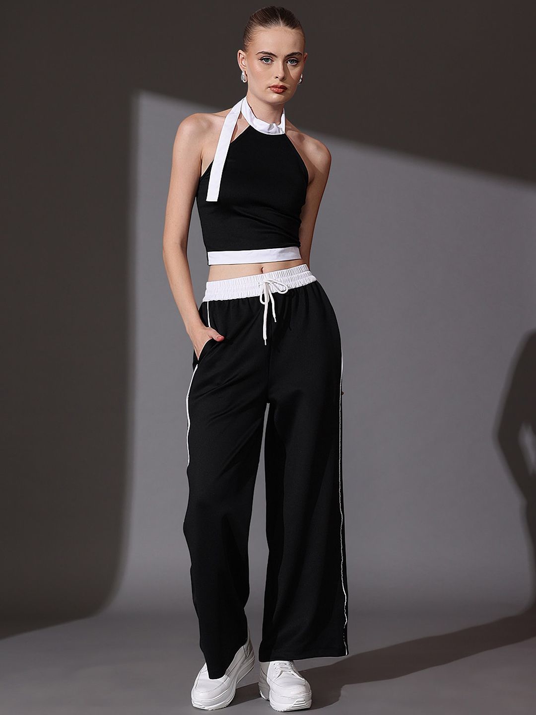 STREET 9 Pure Cotton Solid Halter Neck Top & Trousers Co-Ord Set