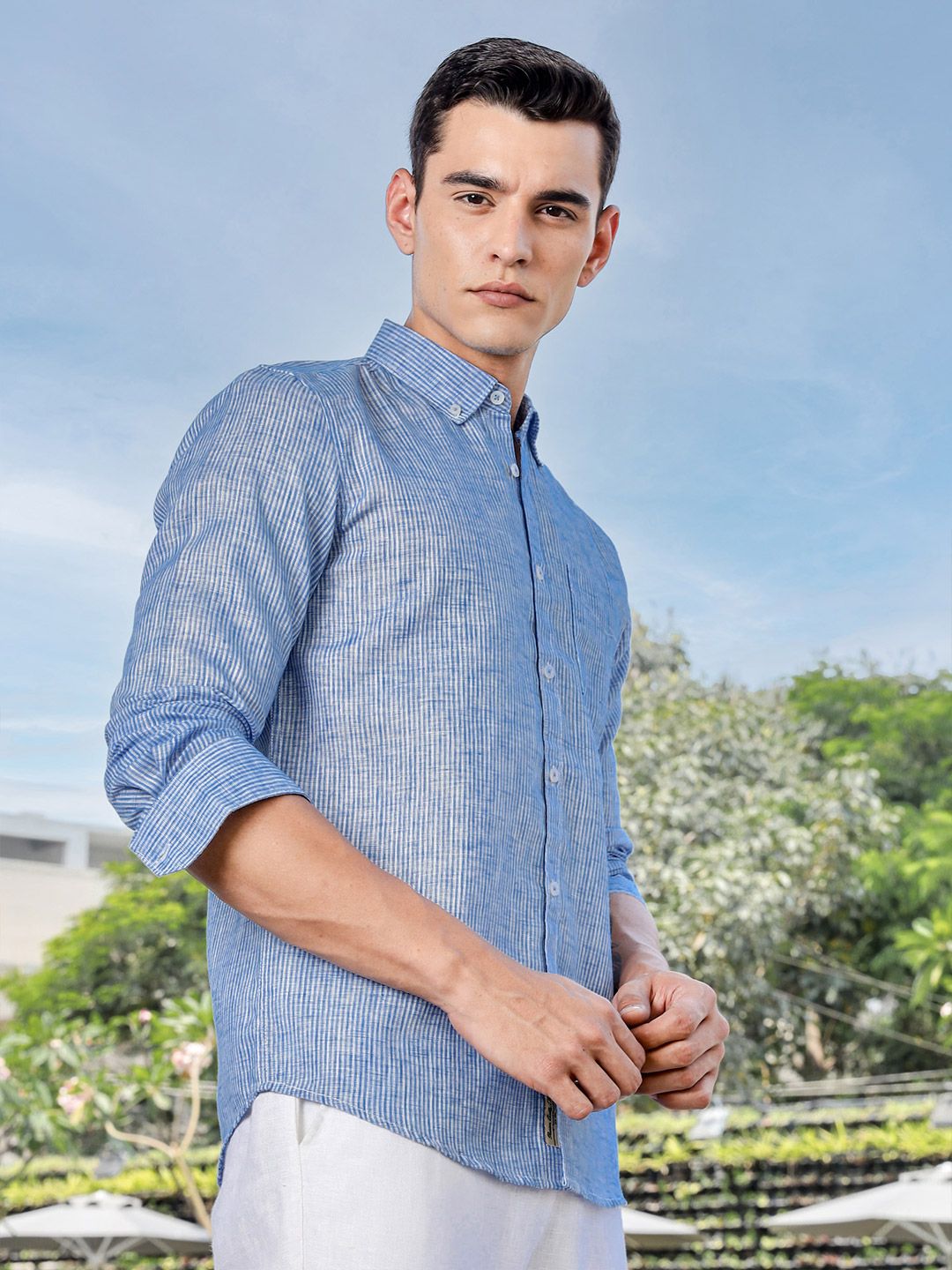 Thomas Scott Men Premium Regular Fit Vertical Striped Linen Casual Shirt