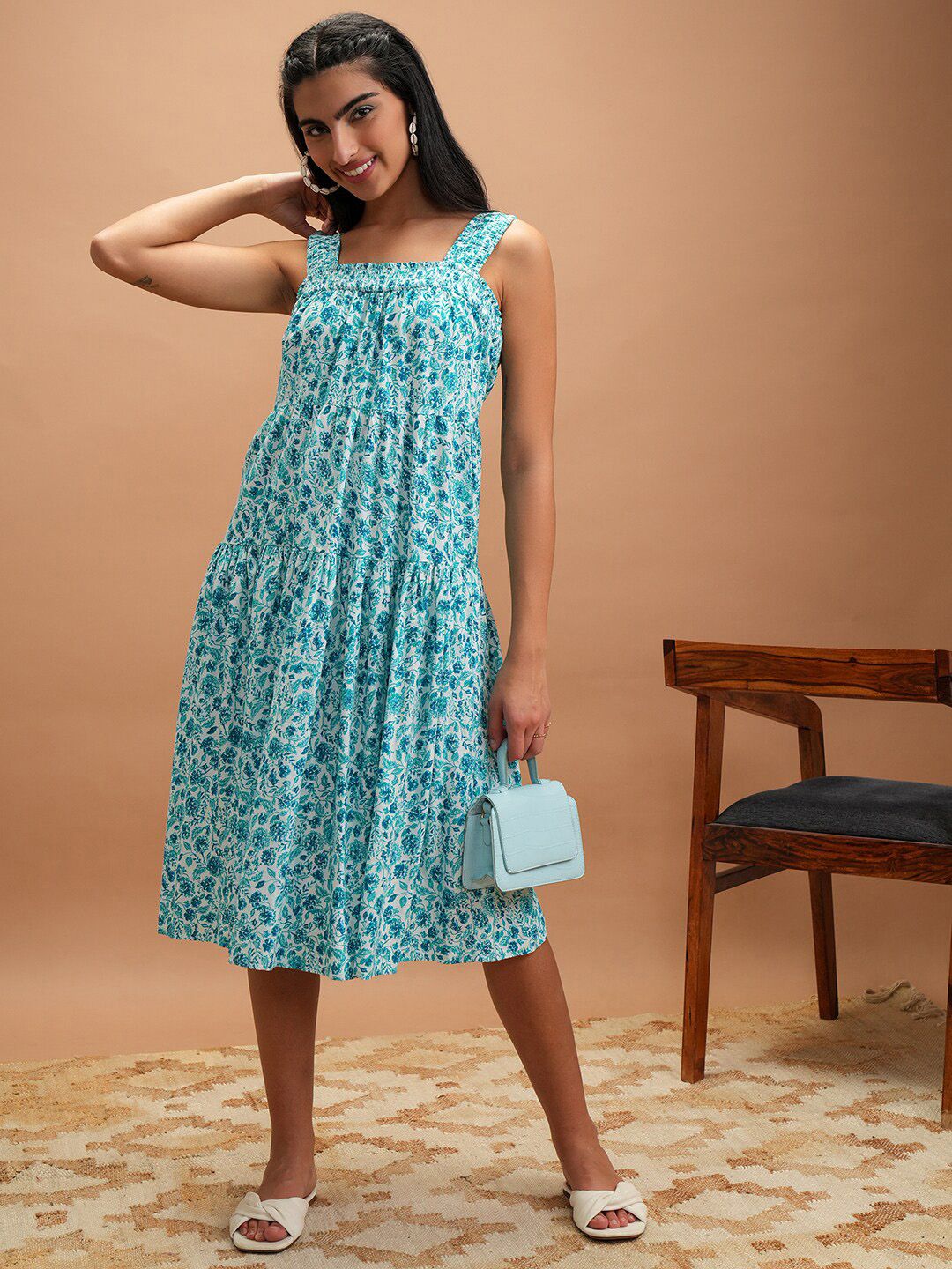 Vishudh Blue Floral Printed Smocked Tiered A-Line Midi Dress