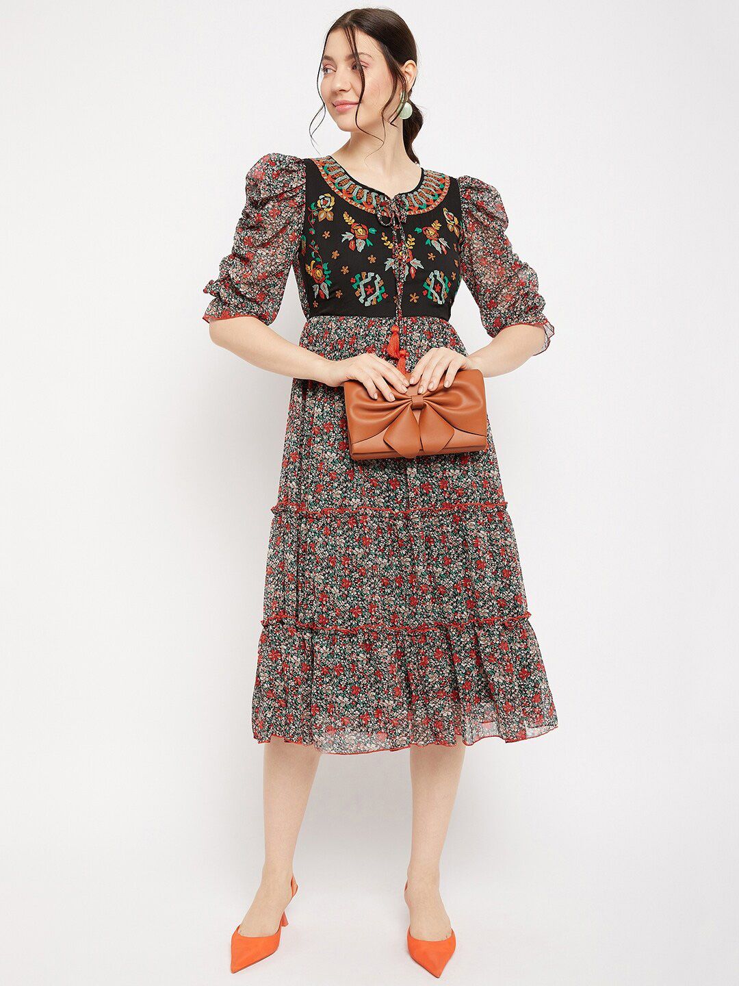 Antheaa Tie-Up Neck Floral Printed Embroidered Tiered Chiffon Fit & Flare Midi Dress