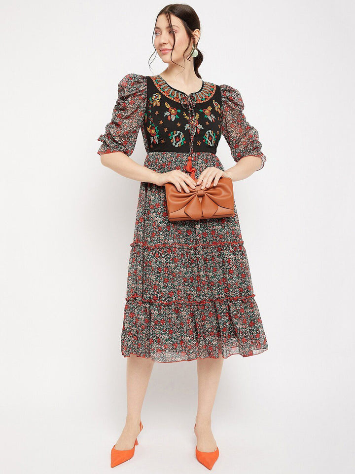 Antheaa Tie-Up Neck Floral Printed Embroidered Tiered Chiffon Fit & Flare Midi Dress