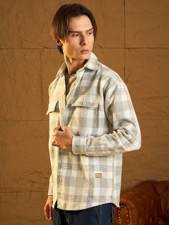 DENNISON Men Double Pocket Drop Shoulder Oversized Cotton Checked Shacket