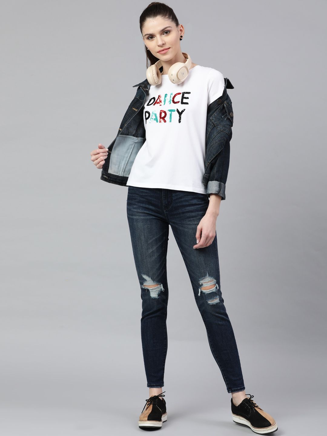STREET 9 Women White Sequinned Round Neck T-shirt