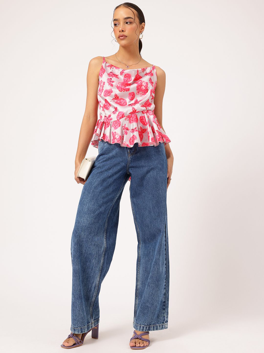 DressBerry Radiant Roses Satin Bow Tie-Up Ruffled Hem Top