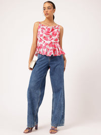 DressBerry Radiant Roses Satin Bow Tie-Up Ruffled Hem Top