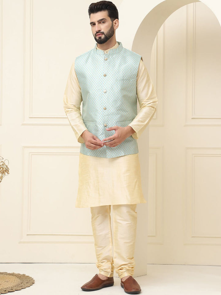 SOJANYA Mandarin Collar Silk Cotton Kurta With Churidar & Woven Design Nehru Jacket