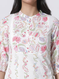 W Floral Printed Mandarin Collar Puffed Sleeves Regular Pure Cotton Kurta With Trousers