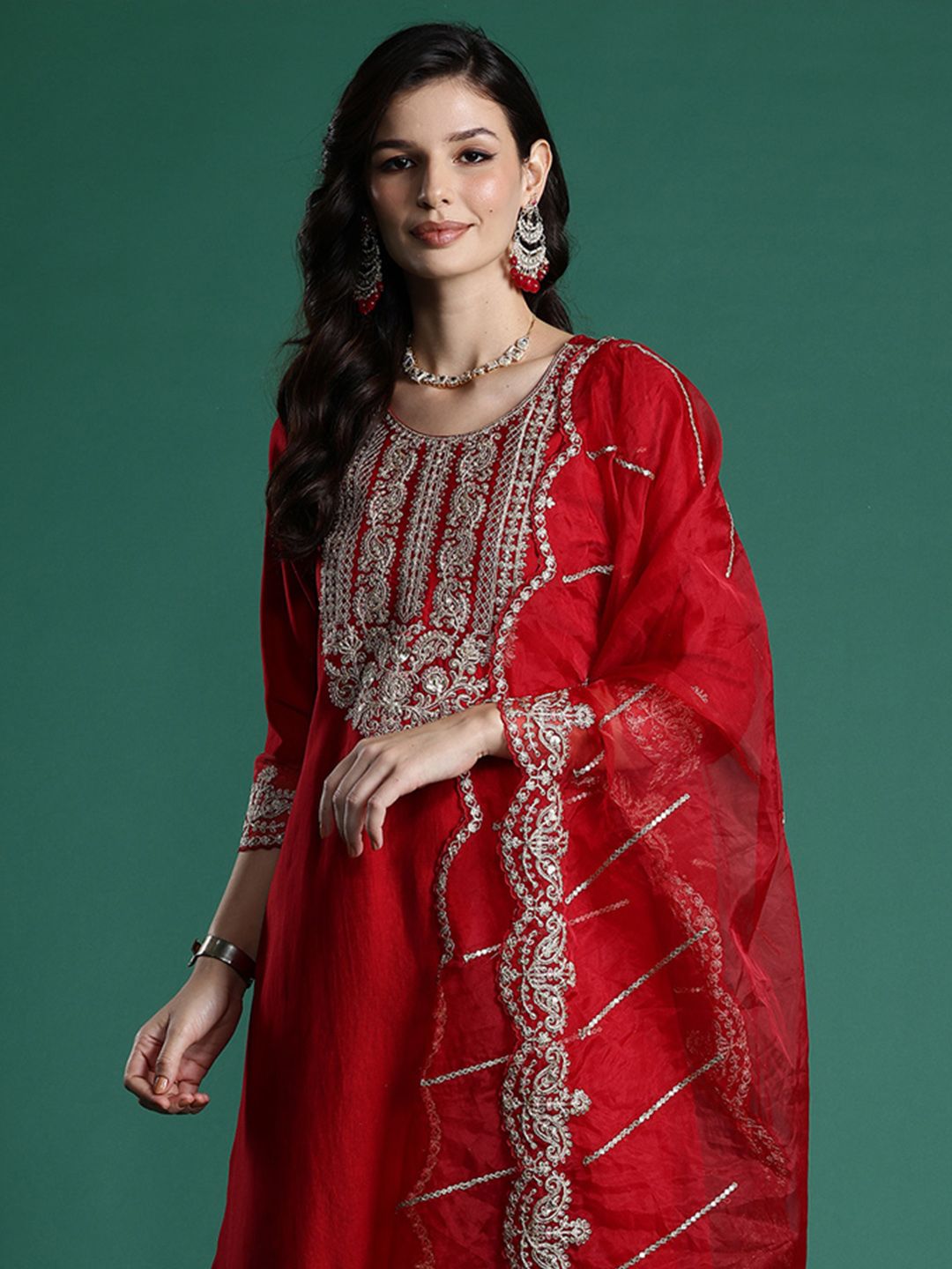 Indo Era Ethnic Motifs Embroidered Sequinned Liva Kurta With Trousers & Dupatta