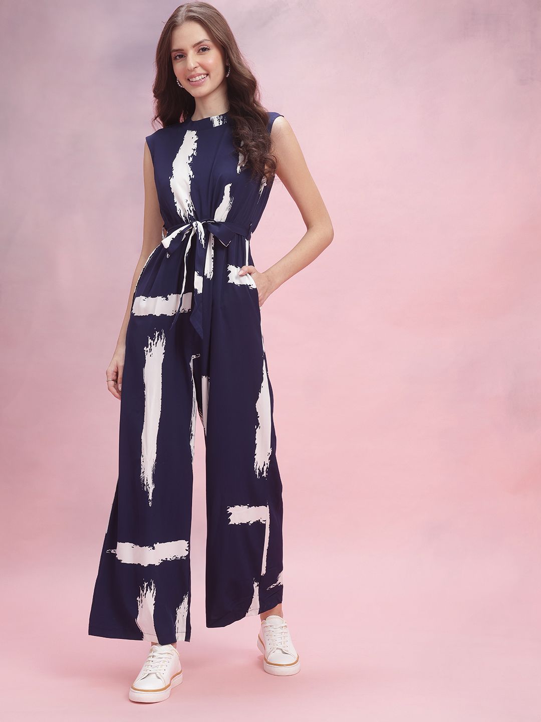 DressBerry Abstract Printed Waist Tie-Ups Flared Jumpsuit