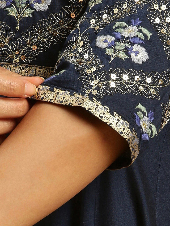 W Blue Floral Embroidered Sequined Maxi Ethnic Dress