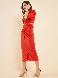 Antheaa Orange-Coloured V-Neck Cut-Out Detailed Ruched Sheath Midi Dress