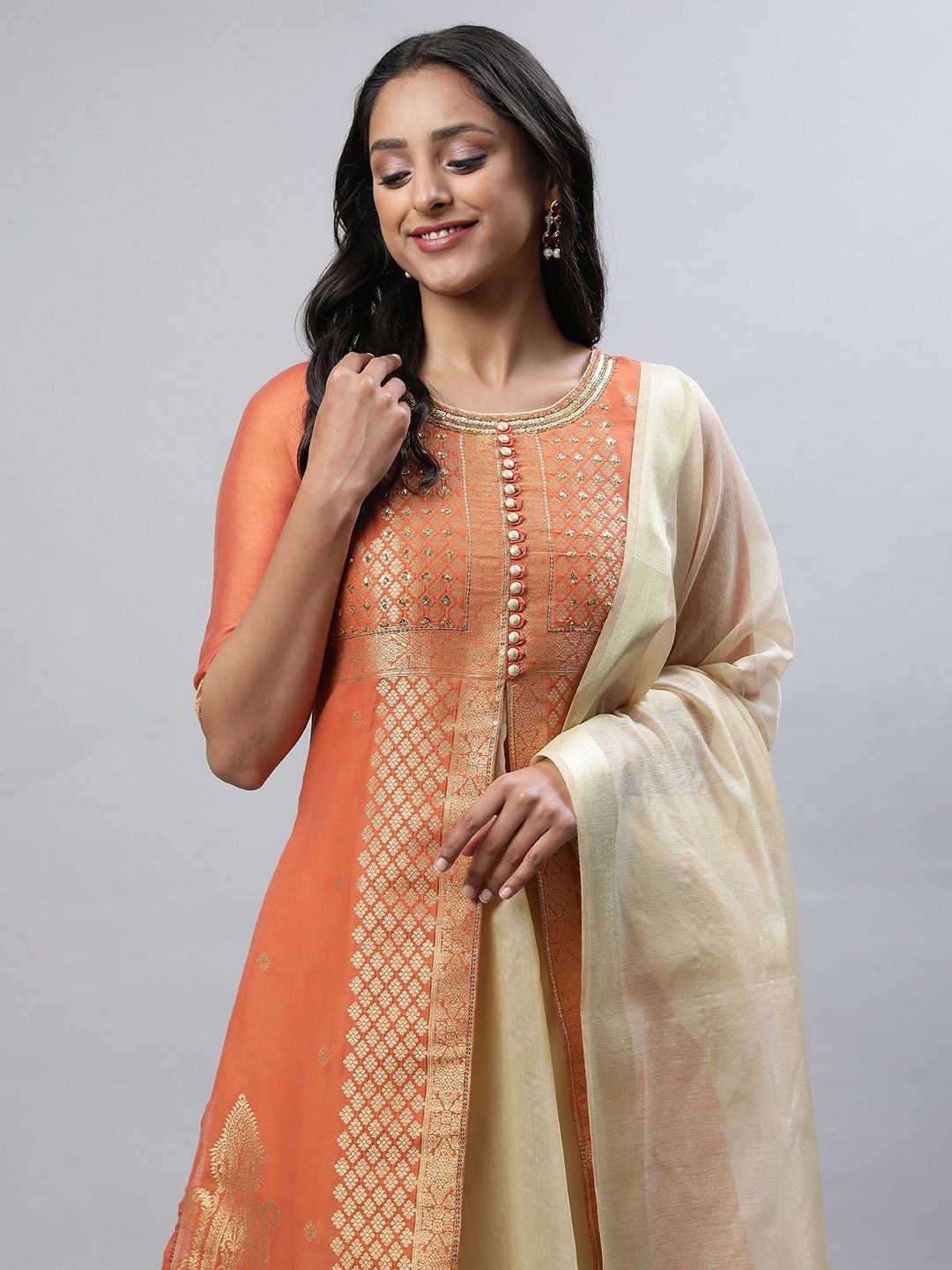 AURELIA Ethnic Motifs Woven Design Sequined A-Line Kurta with Trousers & Dupatta