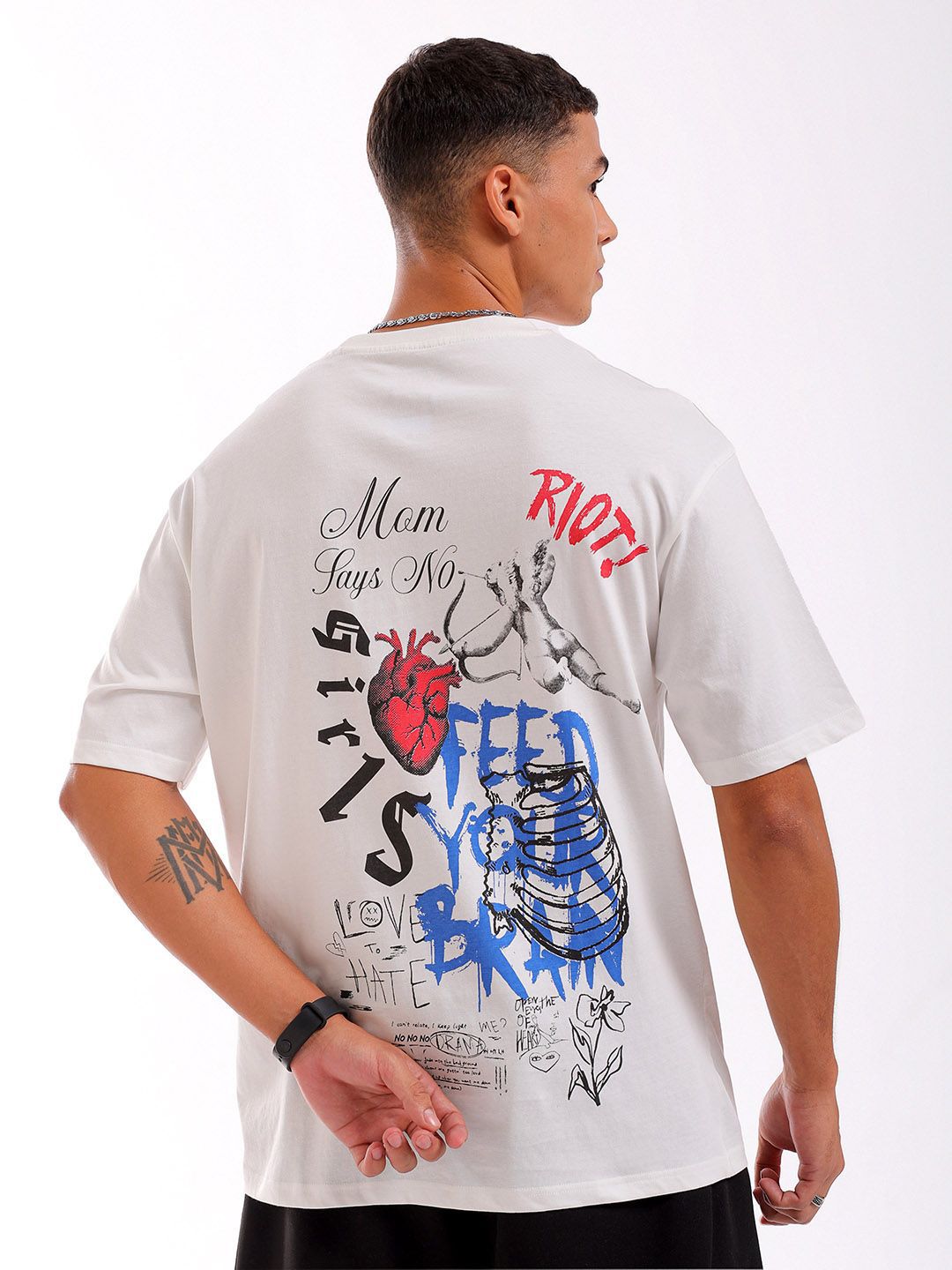The Indian Garage Co Men Pure Cotton Back Printed Boxy Oversized Round Neck T-shirt
