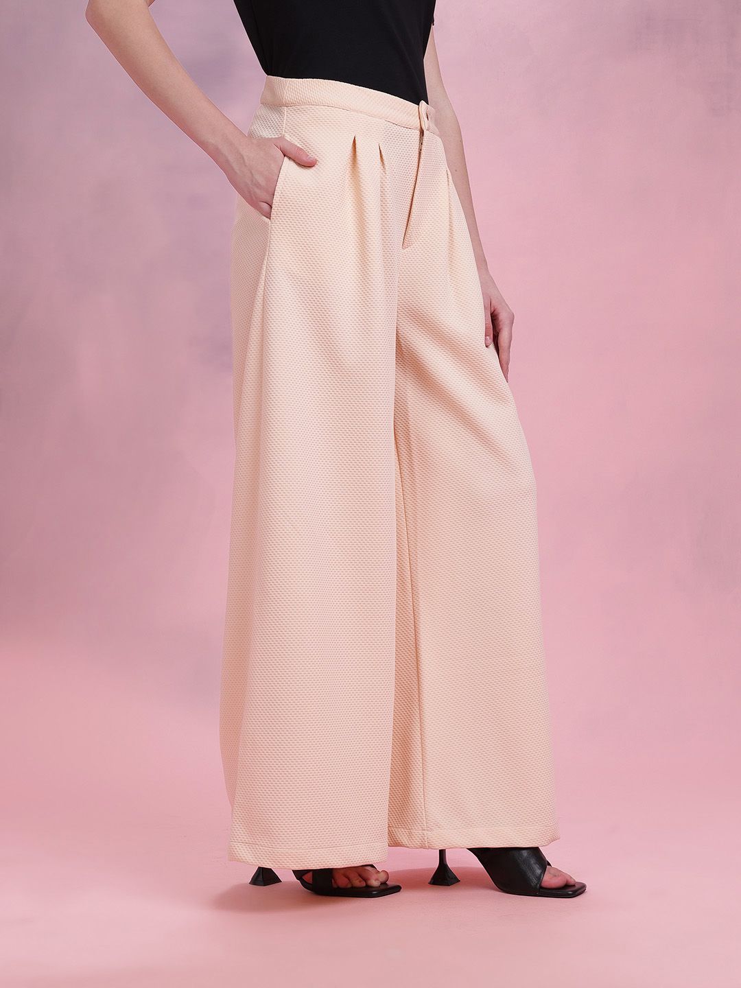DressBerry Women Textured High-Rise Pleated Wide-Leg Trousers
