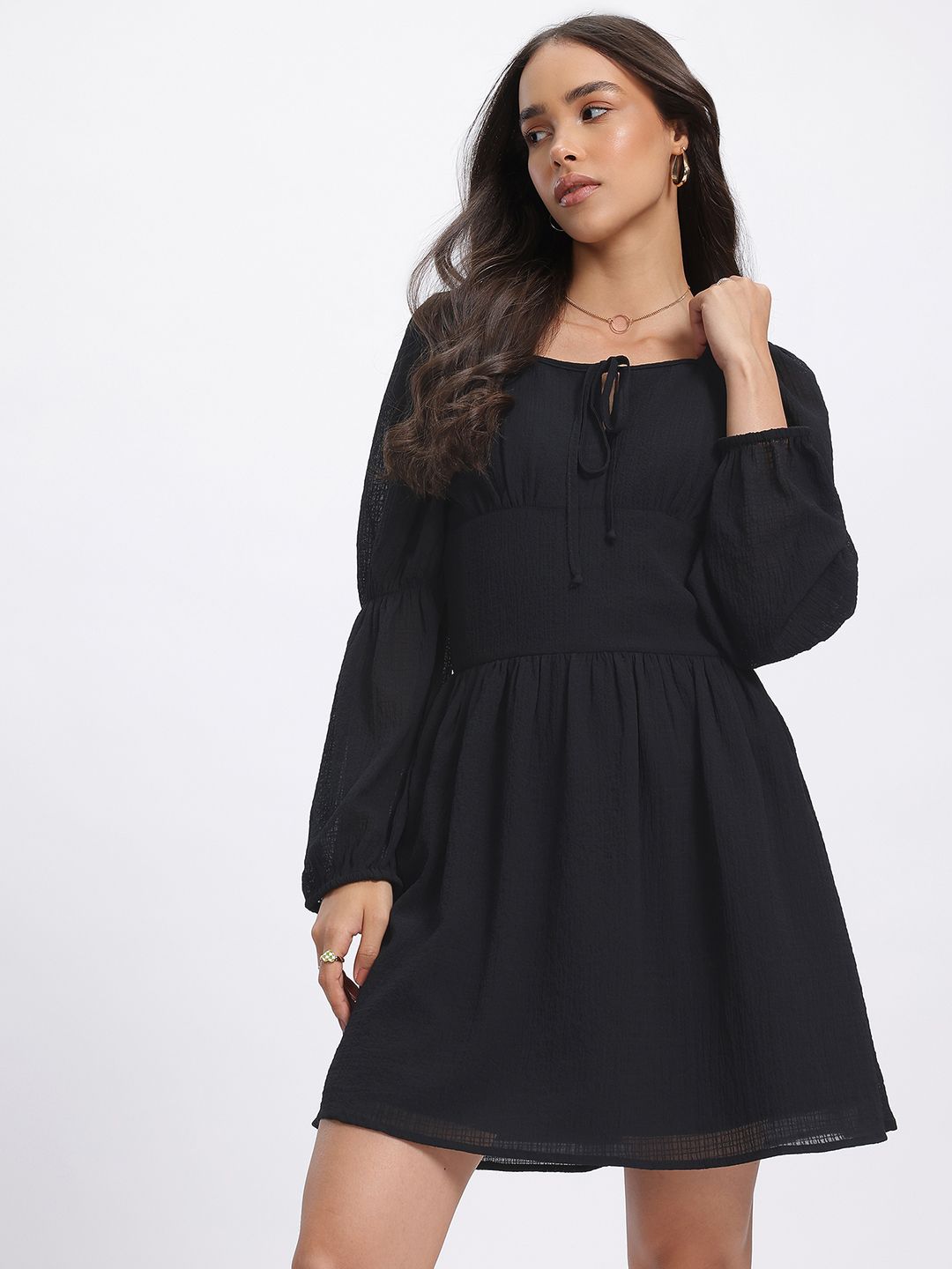DressBerry Textured Dream Puff Sleeves A-Line Dress