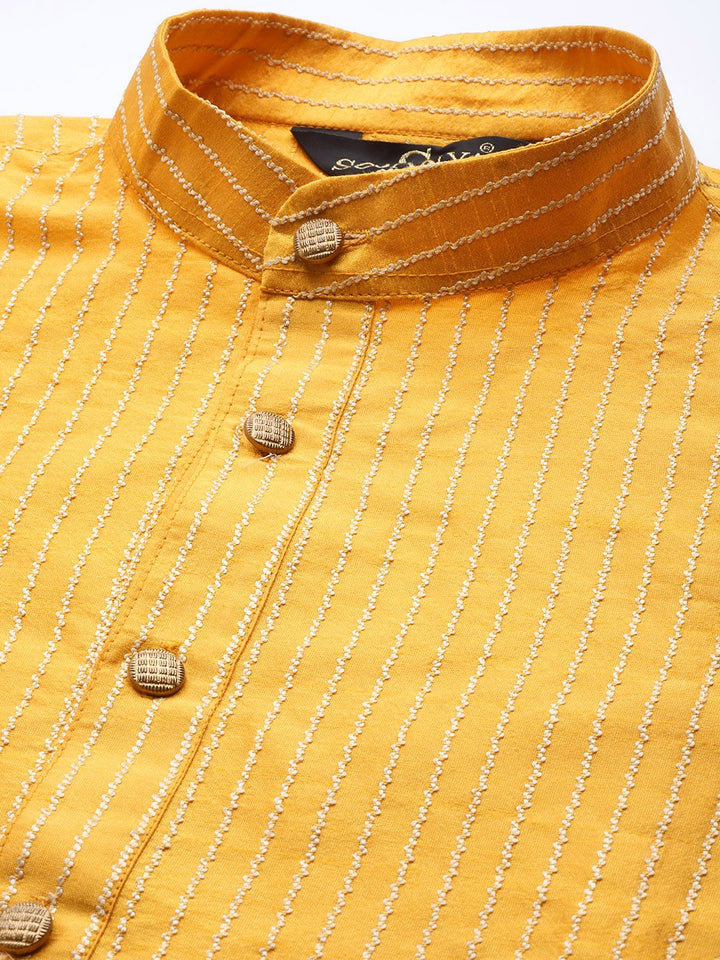 SOJANYA Men Mustard Yellow & Beige Striped Thread Work Straight Kurta Churidar NehruJacket