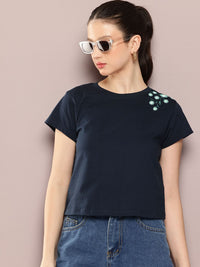 DILLINGER Women Regular Cropped Fit Embroidery Crew Neck Tshirt